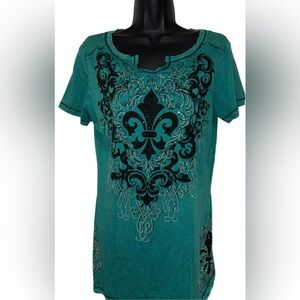 Teal Embellished Fleur-de-Lis Short Sleeve Top by Vocal⭐️NET⭐️